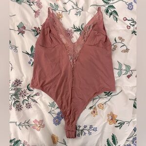 Plunge lace trim mauve bodysuit NWT